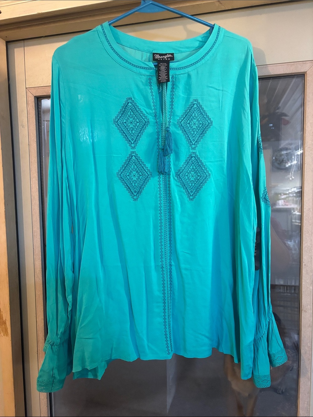 Wrangler Teal Embroidered Boho Peasant Blouse